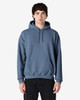 A blue hooded sweatshirt with a front pocket and drawstrings, designed for adults. It features a logo on the chest.