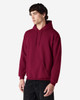 A maroon hooded sweatshirt with a front pocket and a drawstring hood. It features a branding logo.