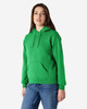 A green hooded sweatshirt with a front pocket and drawstring hood, featuring a logo on the front.