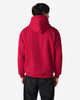 A red hooded sweatshirt displayed from the back, featuring a large hood and a relaxed fit. The image includes a branding logo.