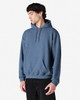 A blue hooded sweatshirt with a front pocket and drawstring hood, featuring a logo.