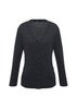 A charcoal grey women's Milano cardigan featuring a v-neck and buttons down the front. It has a logo on the label.