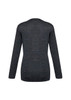 A dark grey women's Milano cardigan featuring long sleeves and a simple design, with a logo on the back.