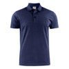 A navy men's cotton polo shirt with a collar and three-button placket, featuring a logo.