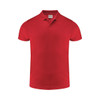 A red men's polo shirt featuring a collar and short sleeves, with a logo on the upper back.