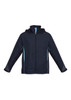 A unisex jacket in navy blue with light blue accents, featuring a hood and zip-up front, and has a logo.