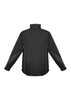A black unisex jacket with a high collar and reflective detailing along the sleeves. It features a logo.