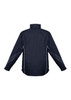 A unisex jacket in black with white accents, featuring long sleeves and a high collar. It has a logo on it.