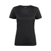 A black women's active tee with a classic short-sleeve design and a branding label on the neckline.