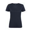 A navy blue women's t-shirt featuring a crew neck and short sleeves, with a logo on the neckline.