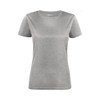 A women's active tee in grey, featuring short sleeves and a round neckline, with a logo on the front.