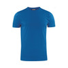 A blue t-shirt with a crew neck and short sleeves, featuring a brand logo.