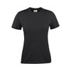 A black women's t-shirt with short sleeves and a round neckline. The shirt has a logo on it.