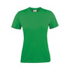 A bright green women's t-shirt with short sleeves and a round neckline, featuring a logo.