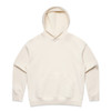 A cream-coloured hoodie featuring a front pocket and a hood. It has a branding logo on the material.