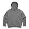 A grey hooded sweatshirt featuring a front pocket and a logo on the chest.