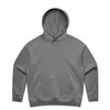 A grey hoodie with a front pocket and an adjustable drawstring hood. It features a branded logo.