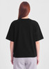 A black box tee with short sleeves, featuring a simple design and a logo at the back.