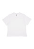 A white boxy women's tee with short sleeves. The shirt features a faint logo at the neck.