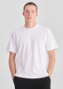 A white men's box tee with a relaxed fit, featuring short sleeves and a simple design.