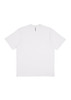 A white box tee featuring a classic crew neck and short sleeves, with a brand logo on the inside label.