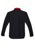A black soft shell jacket with a red collar, featuring long sleeves and a logo.