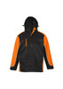 A black and orange unisex jacket featuring a hood and zippered pockets, with a logo present.