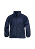A navy unisex spinnaker jacket with long sleeves and a zip front, featuring a logo on the chest.