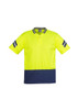 A short sleeve polo shirt in fluorescent yellow with navy blue accents and a logo. Suitable for workwear.