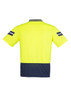 A high-visibility short sleeve polo shirt in bright yellow with navy accents and striped detailing on the sleeves.