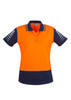 A women's short sleeve polo in high visibility orange and navy, featuring a logo on the chest and striped detailing on sleeves.