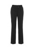 A pair of black slacks with a fitted waist and two-button closure. Features a clean, tailored design and logo.