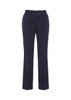 A pair of navy slacks featuring a straight-leg design and two front buttons. The garment has a logo.