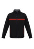 A black unisex soft shell jacket with red stripes and zippered pockets. Features a stand-up collar and has a logo.