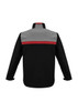 A unisex soft shell jacket featuring grey and red accents on a black background, with a collar and long sleeves.