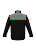 A black unisex soft shell jacket with a grey top and green stripe across the shoulders. Features a logo.