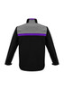 A soft shell jacket featuring a black body with grey and purple detailing, complete with a logo on the back.