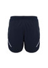 A pair of navy sports shorts featuring white detailing and an elastic waistband. Includes a logo on the back.