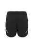 Black sports shorts featuring a logo and reflective detailing on the sides.