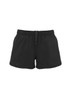A pair of black women's sports shorts featuring an elastic waistband with a drawstring.