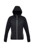 A black puffer jacket with a hood and zippered front, featuring a logo on one side.