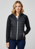 A stylish black women's puffer jacket with a hood, featuring zippered pockets and a fitted design.