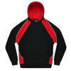A black hoodie with red accents and a front pocket, featuring a logo on the chest area.