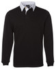 A black long-sleeve polo shirt with a white collar and a logo on the chest.