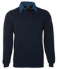 A navy polo shirt with a denim collar and long sleeves, featuring a logo on the chest.