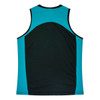 A singlet featuring a black body with turquoise accents, designed for women's activewear. It has a logo on the front.