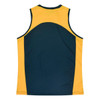 A sleeveless singlet in yellow and dark green, featuring a logo on the back.