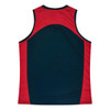 A sleeveless shirt in navy blue with red accents, featuring a logo on the back.