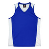 A blue singlet with white side panels and a v-neck design, featuring a logo at the top.