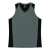 A grey singlet with black side panels and a v-neck design, featuring a logo on the inside label.